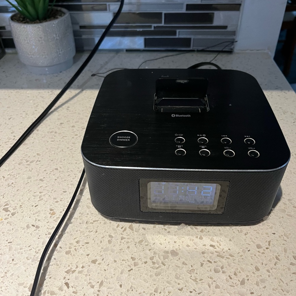 Portable Black Bluetooth Alarm Clock Speaker with Docking Cradle